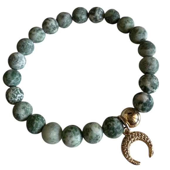 Classic Jewelry - 8mm Matte Moss Agate Stretch Bracelet w/ Pave Charm and 14k Gold Filled Spacer